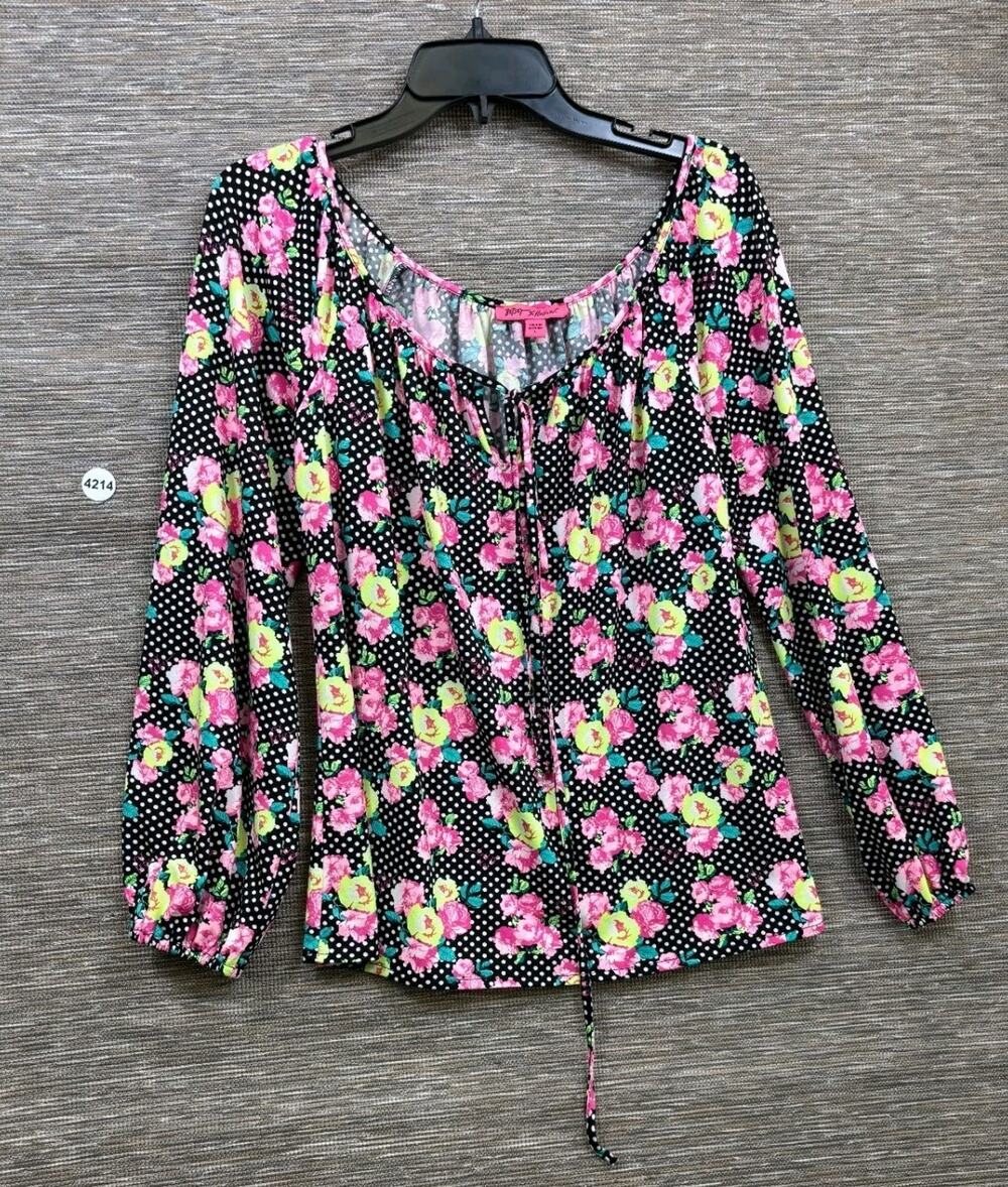 Betsey Johnson Black Hot Pink Floral Print Peasant Boho Blouse Size L